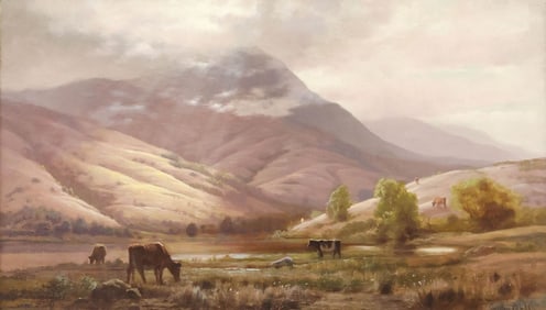 GORDON COUTTS (1868-1937) WESTERN PAINTING, CATTLE GRAZING LANDSCAPE