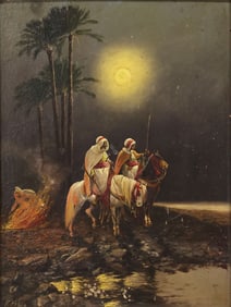 F. PERCY (BRITISH, 19TH C.) ORIENTALIST PAINTING, MOONLIT HORSEMEN