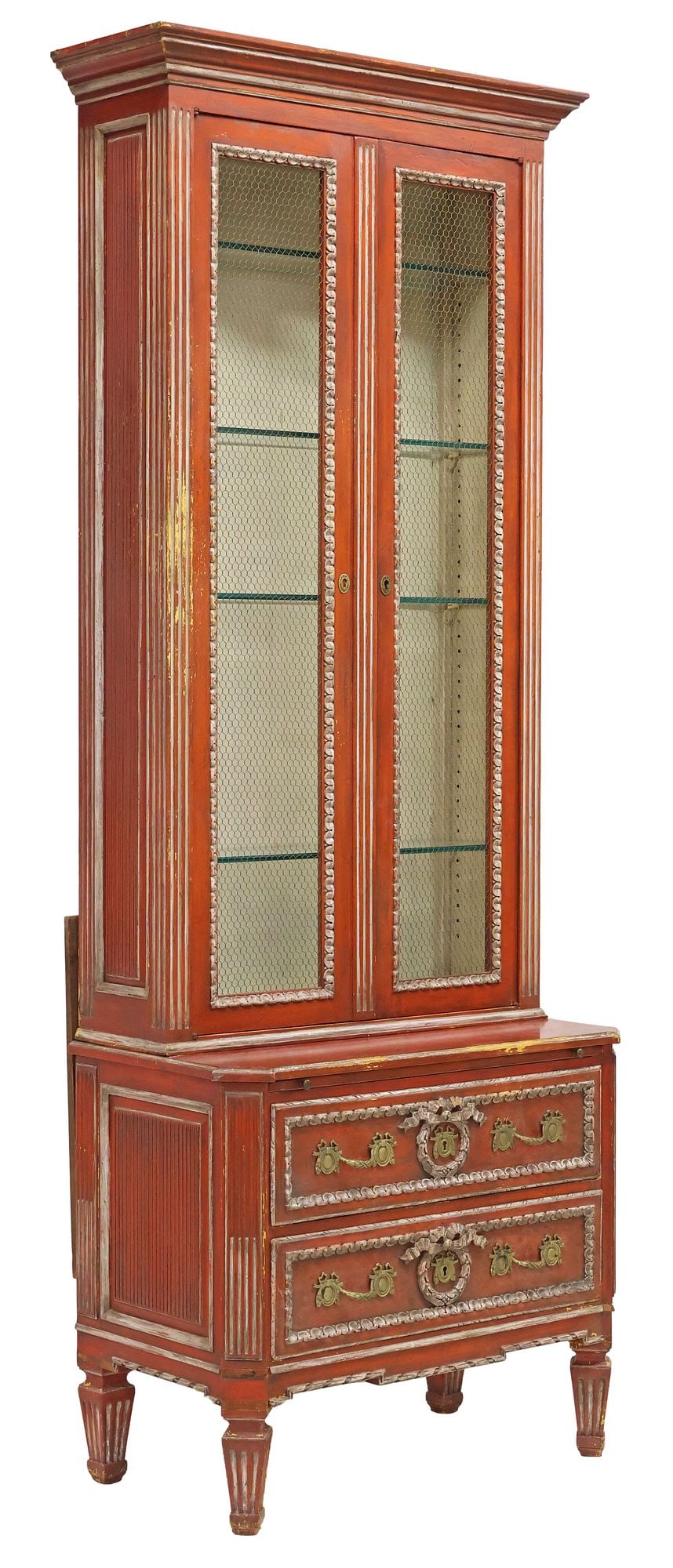 LOUIS XVI STYLE RED-PAINTED & WIRE MESH SECRETARY BOOKCASE (1 of 6)