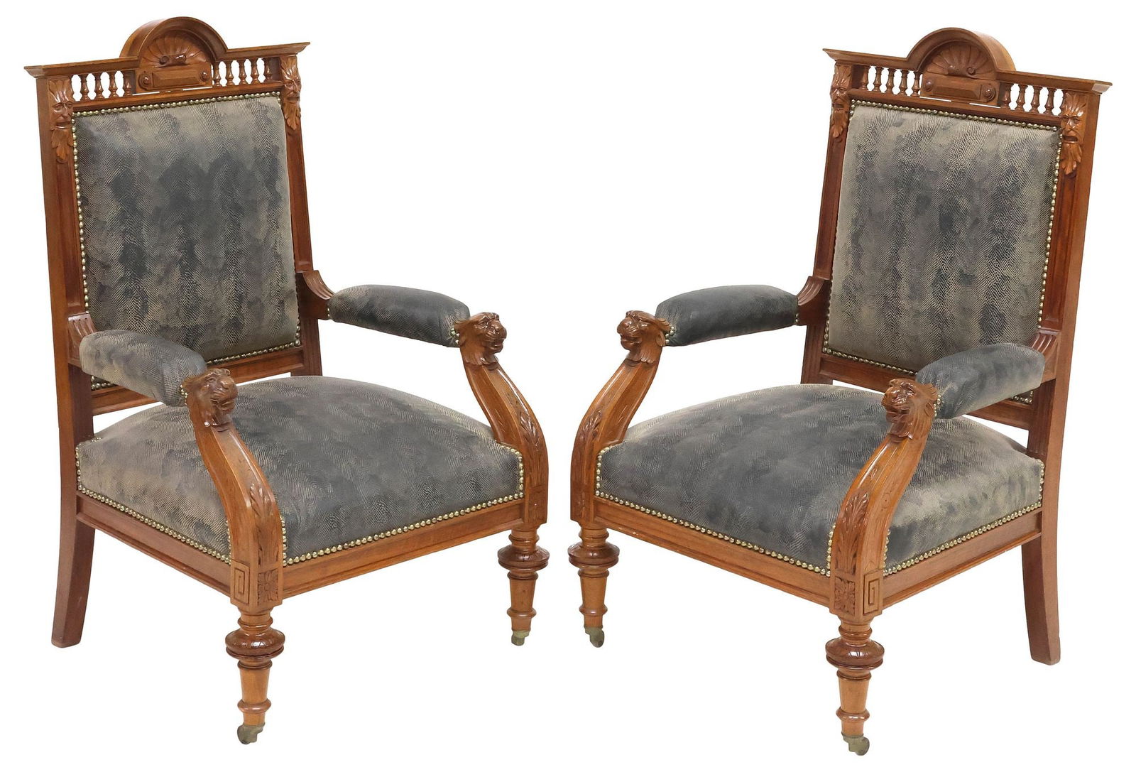 (2) RENAISSANCE REVIVAL STYLE REPTILE PRINT & CARVED WALNUT ARMCHAIRS (1 of 5)