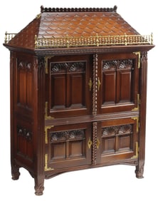 LARGE ARCHITECTURAL CARVED MAHOGANY HOUSE-FORM FITTED CABINET