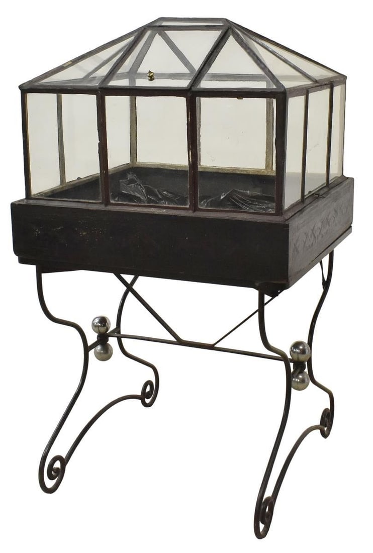 VICTORIAN WARDIAN / TERRARIUM CASE ON WROUGHT IRON STAND (1 of 4)