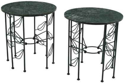 (2) MARBLE-TOP FOLIATE WROUGHT IRON SIDE TABLES