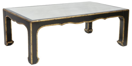 LARGE CHINESE STYLE MIRROR-TOP PARCEL-GILT & EBONIZED COFFEE TABLE