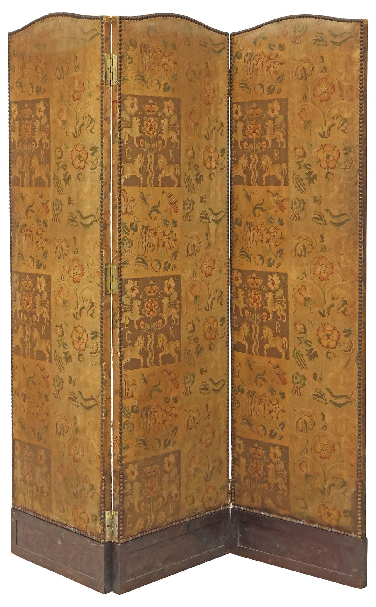 ENGLISH HERALDIC UPHOLSTERY 3-PANEL FOLDING FLOOR SCREEN, 65"H (1 of 3)