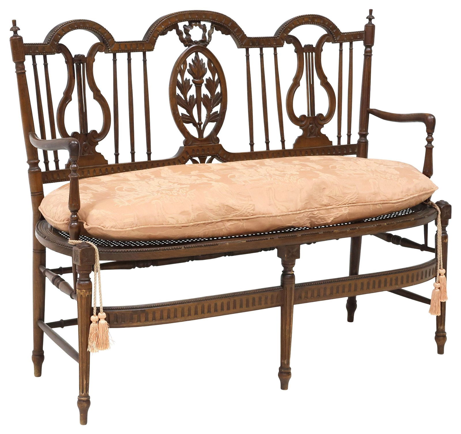 FRENCH LOUIS XVI STYLE CANE & CARVED MAHOGANY SETTEE (1 of 5)