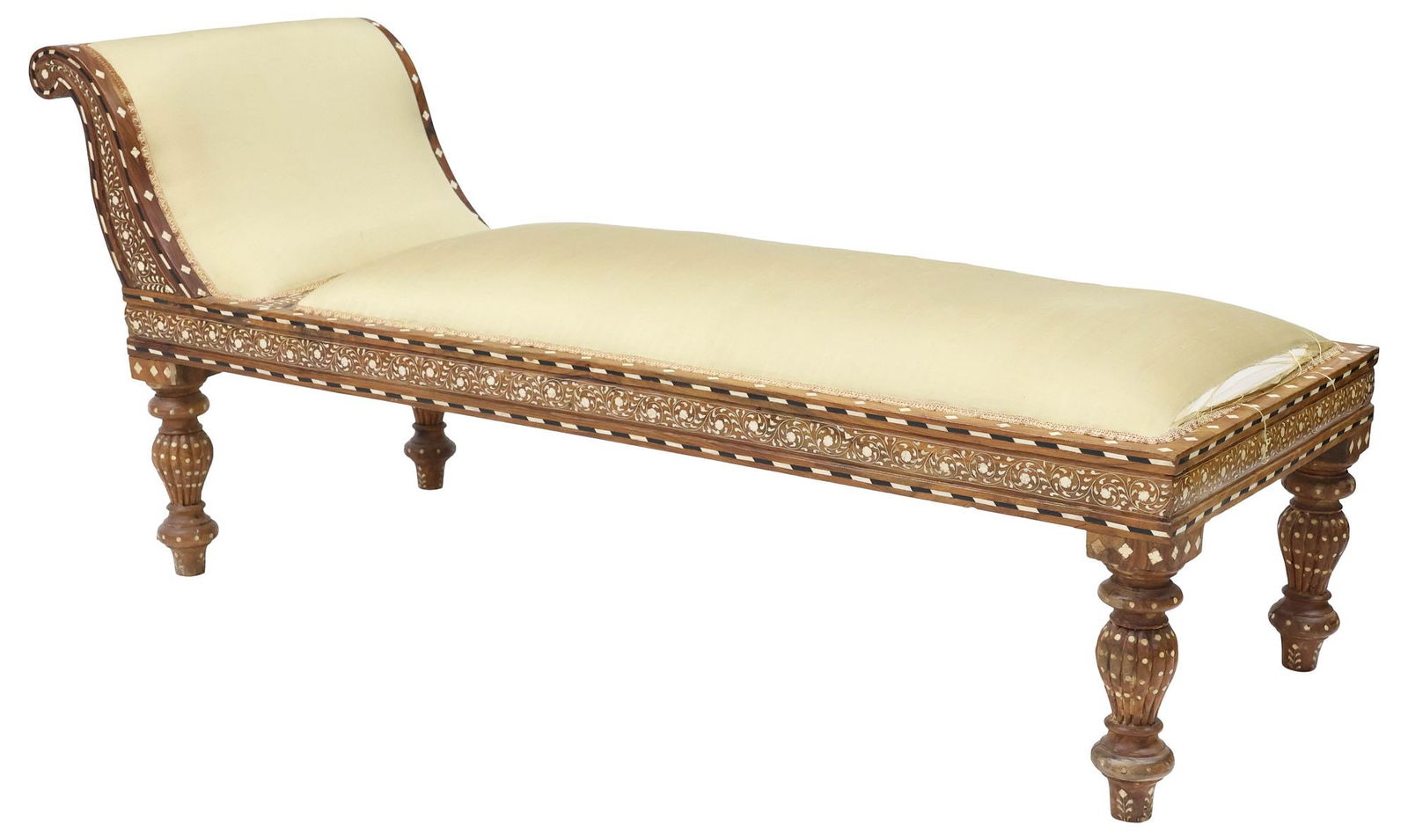 BONE-INLAID & SILK-UPHOLSTERED CHAISE LOUNGE, INDIA (1 of 6)