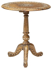 BONE-INLAID CIRCULAR HARDWOOD SIDE TABLE, INDIA