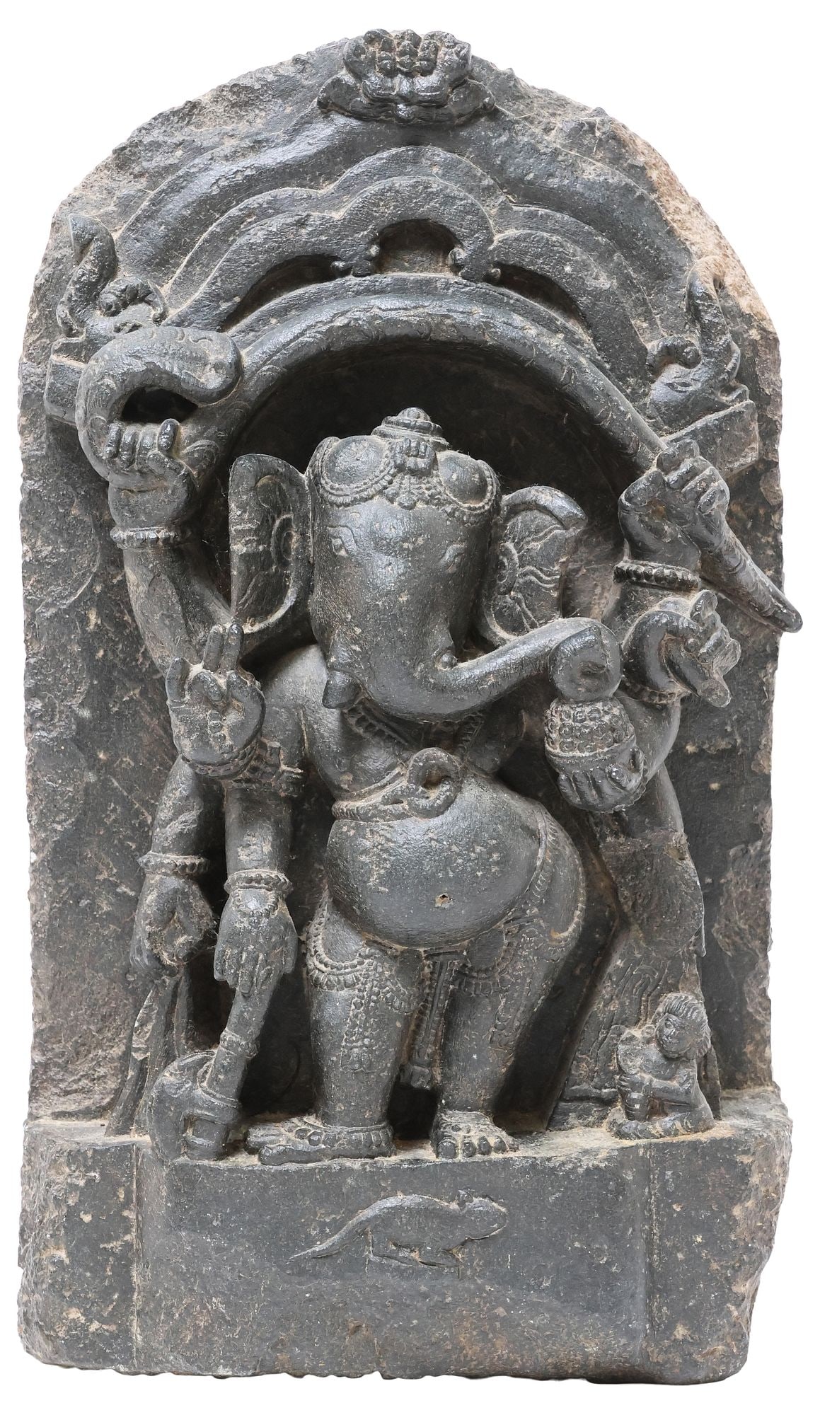 IMPORTANT ANTIQUE HINDU CARVED STONE STELE OF DANCING GANESHA, INDIA, 17"H (1 of 5)