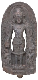 IMPORTANT ANTIQUE HINDU CARVED STONE FIGURAL SCULPTURE OF VISHNU, INDIA, 31.5"H