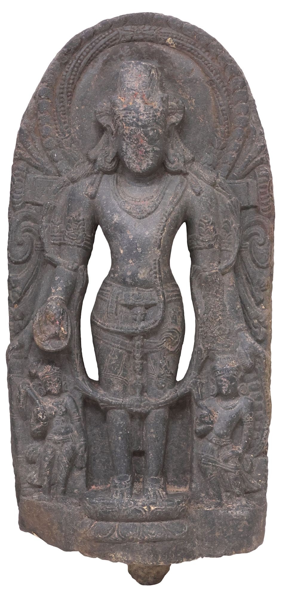 IMPORTANT ANTIQUE HINDU CARVED STONE FIGURAL SCULPTURE OF VISHNU, INDIA, 31.5"H (1 of 3)