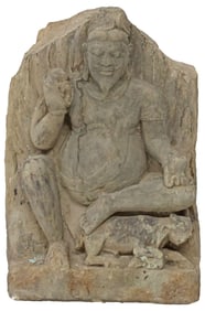 IMPORTANT ANTIQUE CARVED SANDSTONE STELE OF HINDU FIRE GOD AGNI, INDIA, 23"H