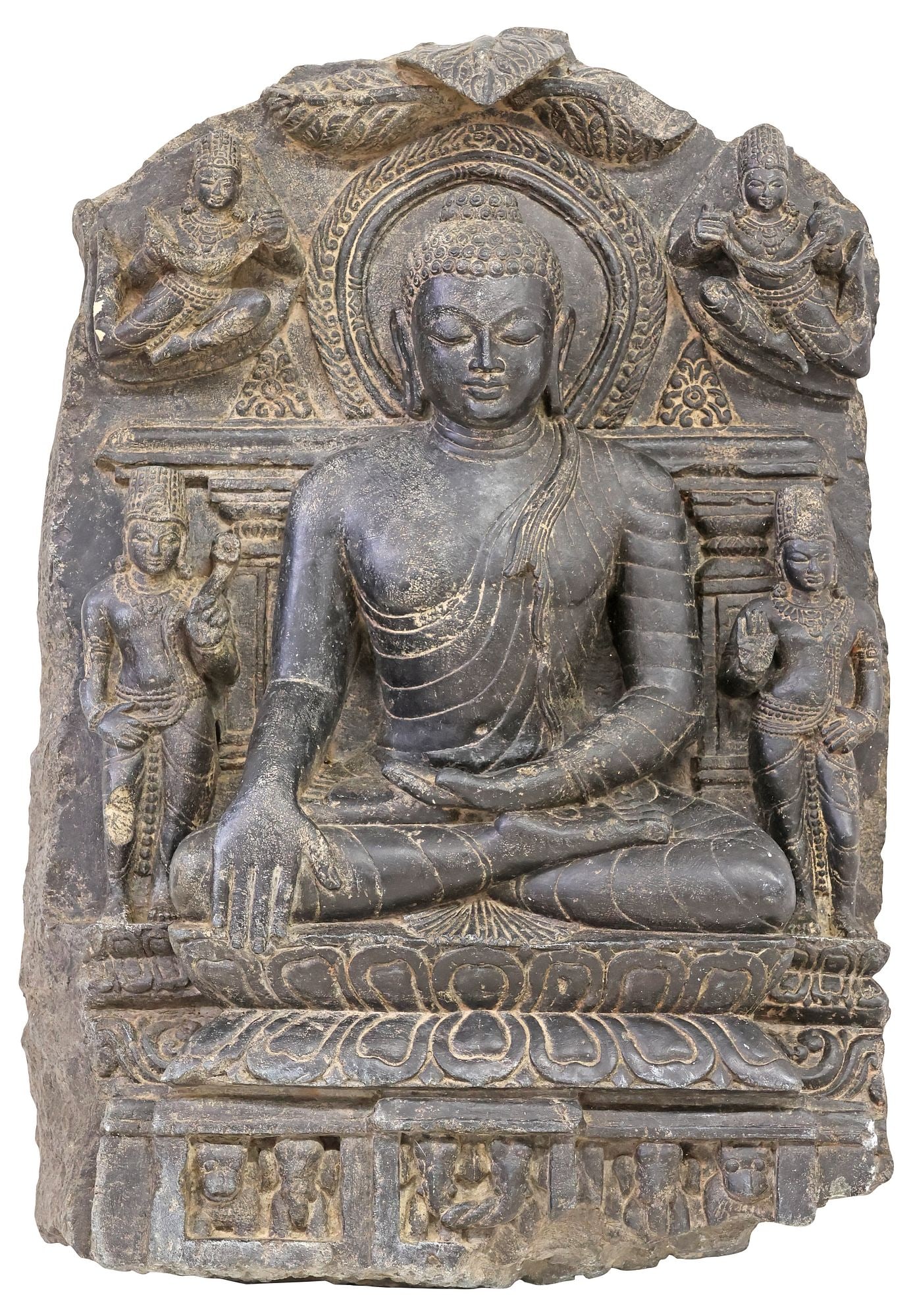 IMPORTANT ANTIQUE CARVED STONE STELE, SHAKYAMUNI BUDDHA UNDER BODHI TREE, INDIA, 25.5"H (1 of 4)
