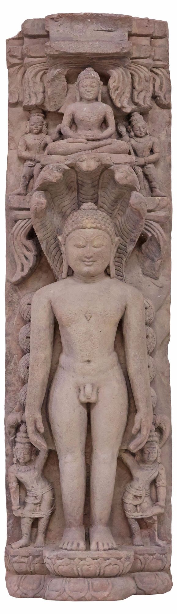 IMPORTANT LARGE JAIN CARVED STONE SCULPTURE OF JINA SUPARSVANATHA, INDIA, 40.5"H (1 of 5)