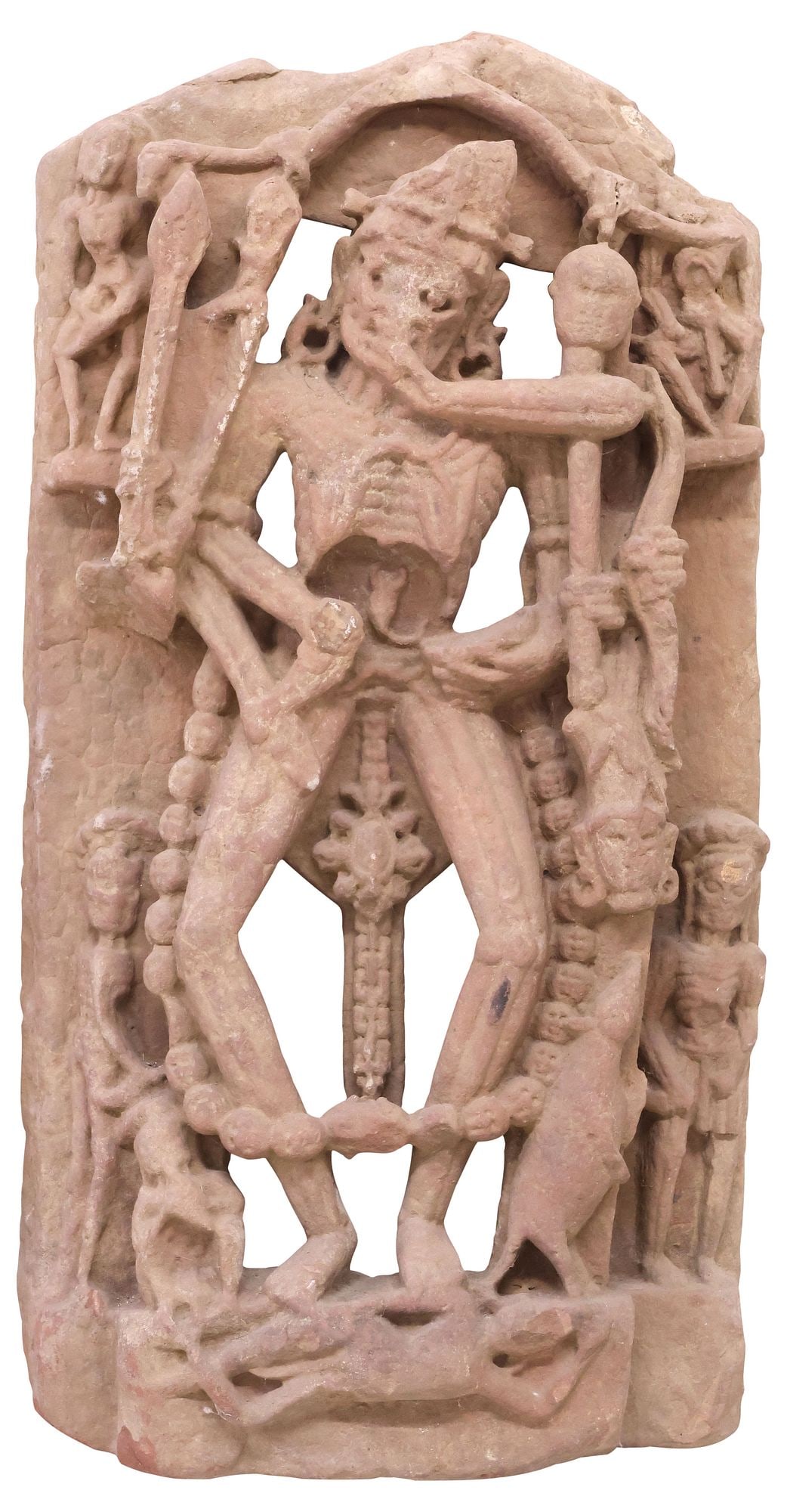 IMPORTANT LARGE ANTIQUE CARVED SANDSTONE OF HINDU DEVI CHAMUNDA, INDIA, 34.5"H (1 of 4)