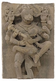 IMPORTANT ANTIQUE HINDU CARVED SANDSTONE SLAB OF VISHNU AS NARASIMHA, INDIA, 20.75"H
