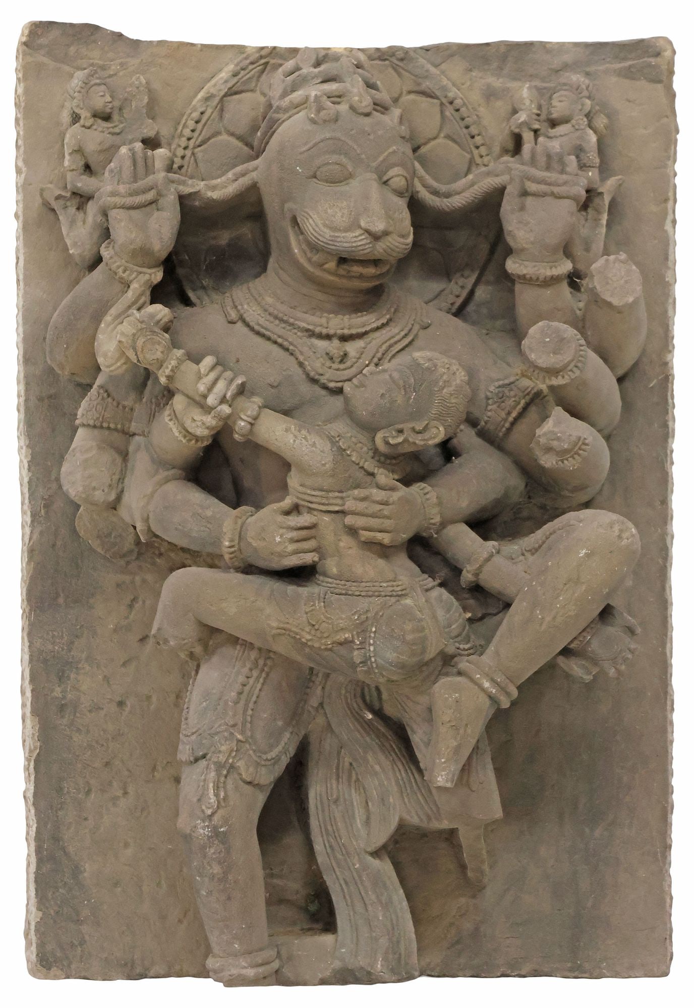 IMPORTANT ANTIQUE HINDU CARVED SANDSTONE SLAB OF VISHNU AS NARASIMHA, INDIA, 20.75"H (1 of 4)