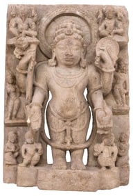 IMPORTANT ANTIQUE HINDU CARVED STONE SCULPTURE, VAMANA WITH SANKHA, INDIA, 21.5"H