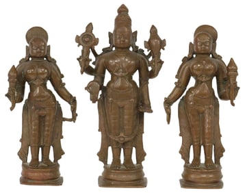 (3) ANTIQUE BRONZE/ COPPER ALLOY FIGURES, VISHNU & LAKSHMI, INDIA