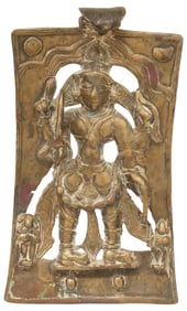 ANTIQUE BRONZE/ COPPER ALLOY PLAQUE, WARRIOR HERO VIRABHADRA, INDIA