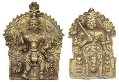 (2) ANTIQUE BRONZE/ COPPER ALLOY PLAQUES, WARRIOR VIRABHADRA, INDIA