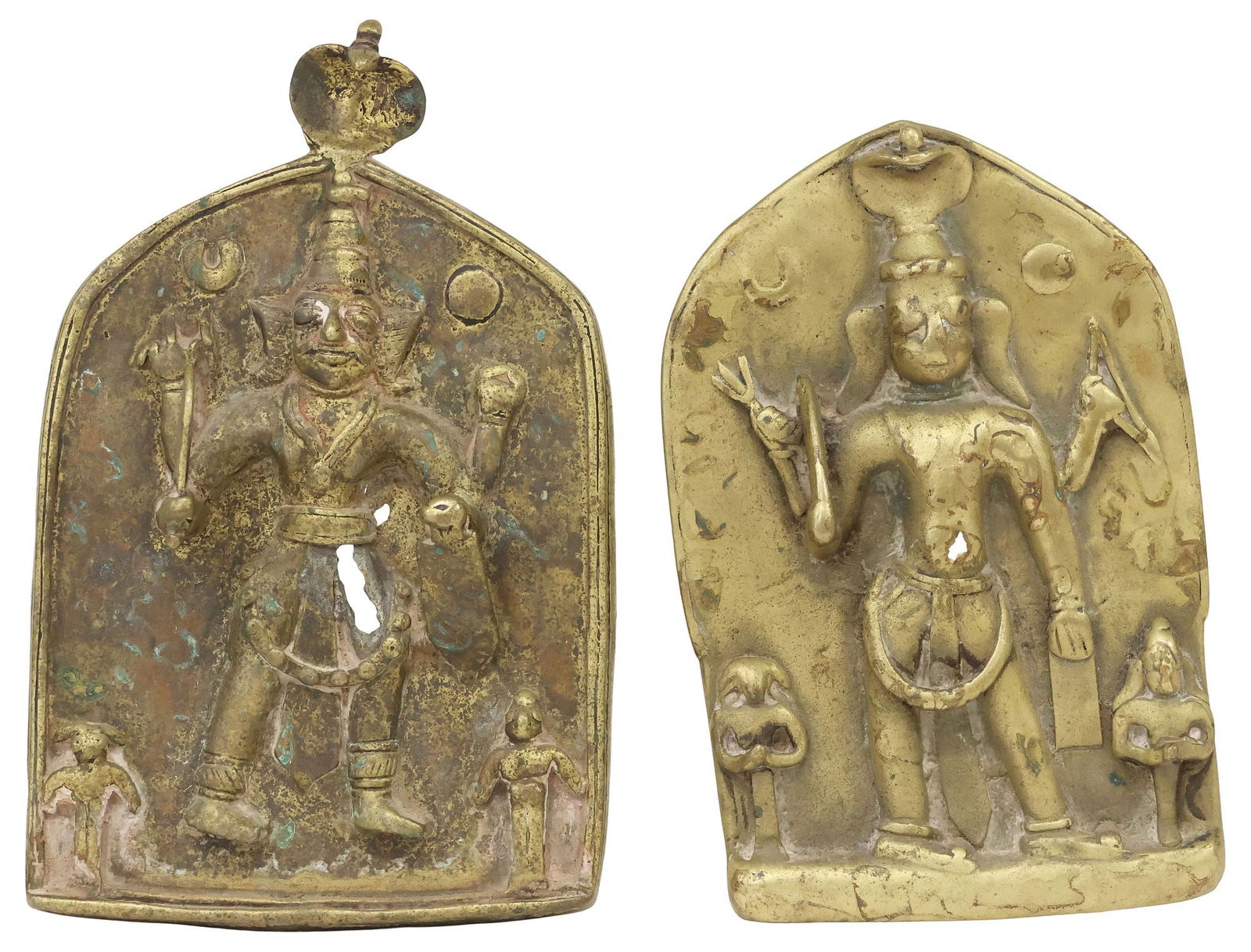 (2) ANTIQUE BRONZE/ COPPER ALLOY PLAQUES, WARRIOR VIRABHADRA, INDIA (1 of 2)