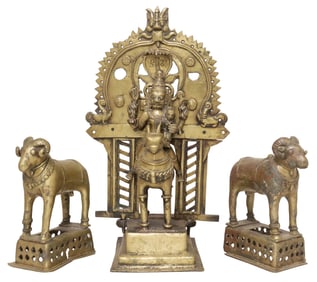 (3) ANTIQUE BRONZE/ COPPER ALLOY ALTAR FIGURES, KHANDOBA & MHALSA WITH RAMS