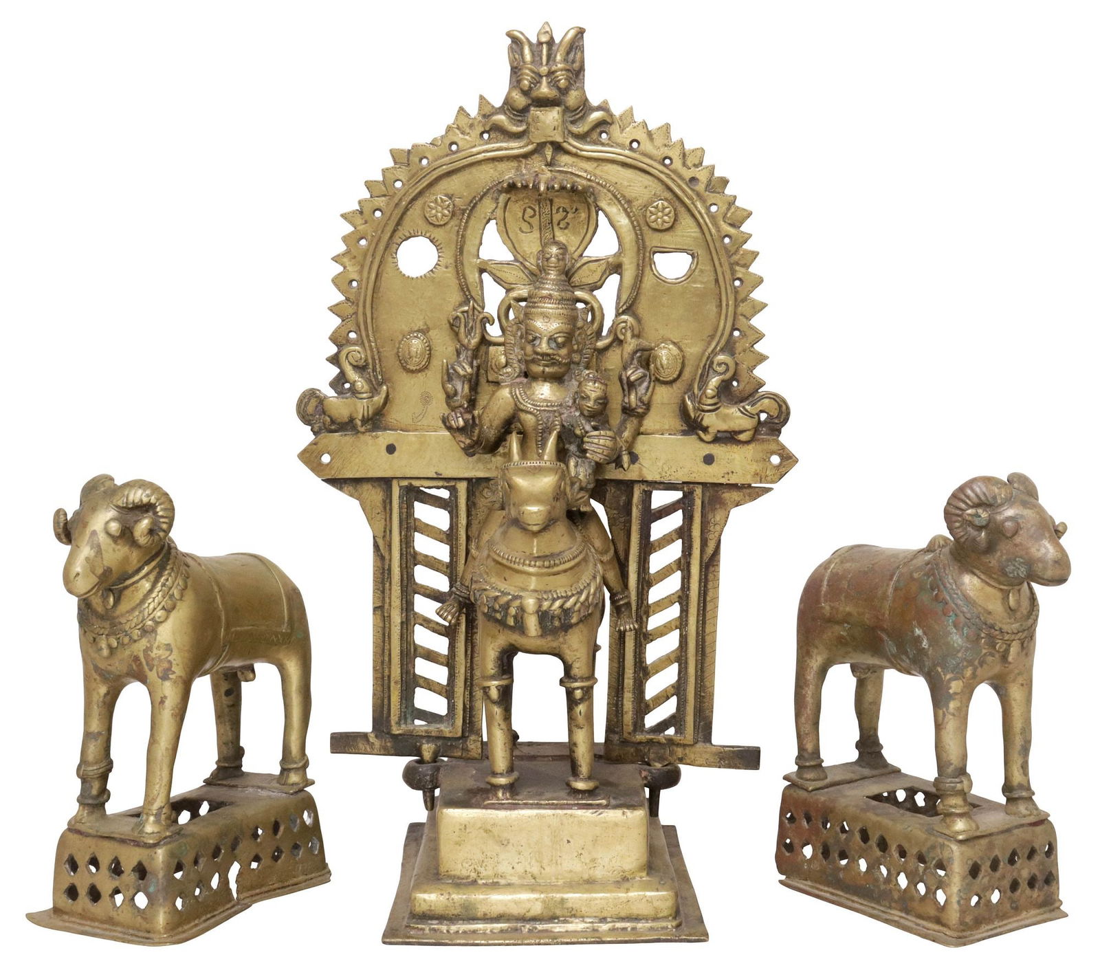 (3) ANTIQUE BRONZE/ COPPER ALLOY ALTAR FIGURES, KHANDOBA & MHALSA WITH RAMS (1 of 9)
