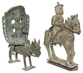 (2) ANTIQUE BRONZE/ COPPER ALLOY FIGURES, DEITY ON VAHANA & KHANDOBA, INDIA