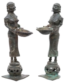 (2) ANTIQUE BRONZE/ COPPER ALLOY DEEPALAKSHMI FIGURAL OIL LAMPS, INDIA