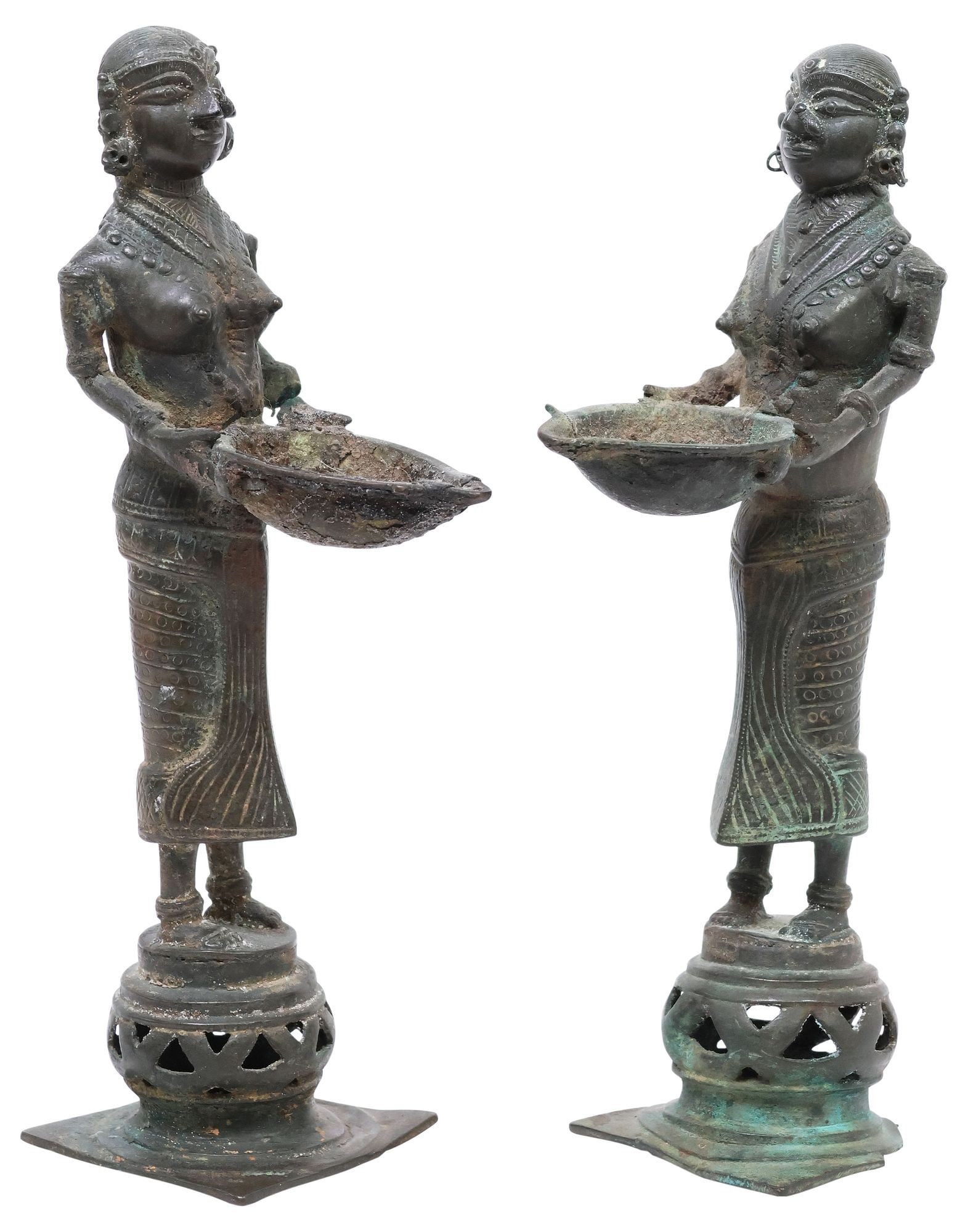(2) ANTIQUE BRONZE/ COPPER ALLOY DEEPALAKSHMI FIGURAL OIL LAMPS, INDIA (1 of 6)