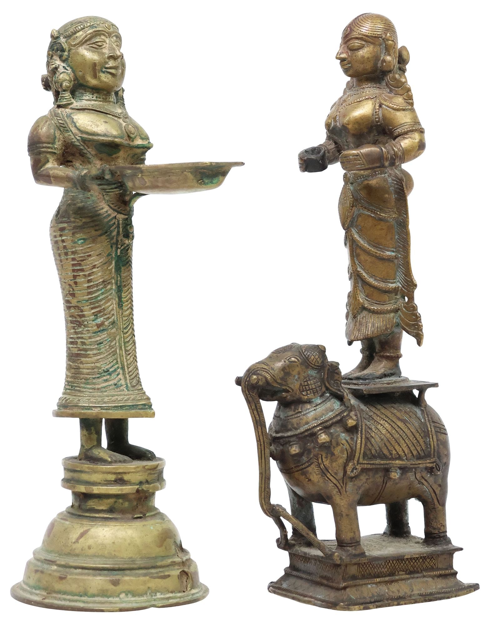 (2) ANTIQUE BRONZE/ COPPER ALLOY DEEPALAKSHMI FIGURAL OIL LAMPS, INDIA (1 of 7)