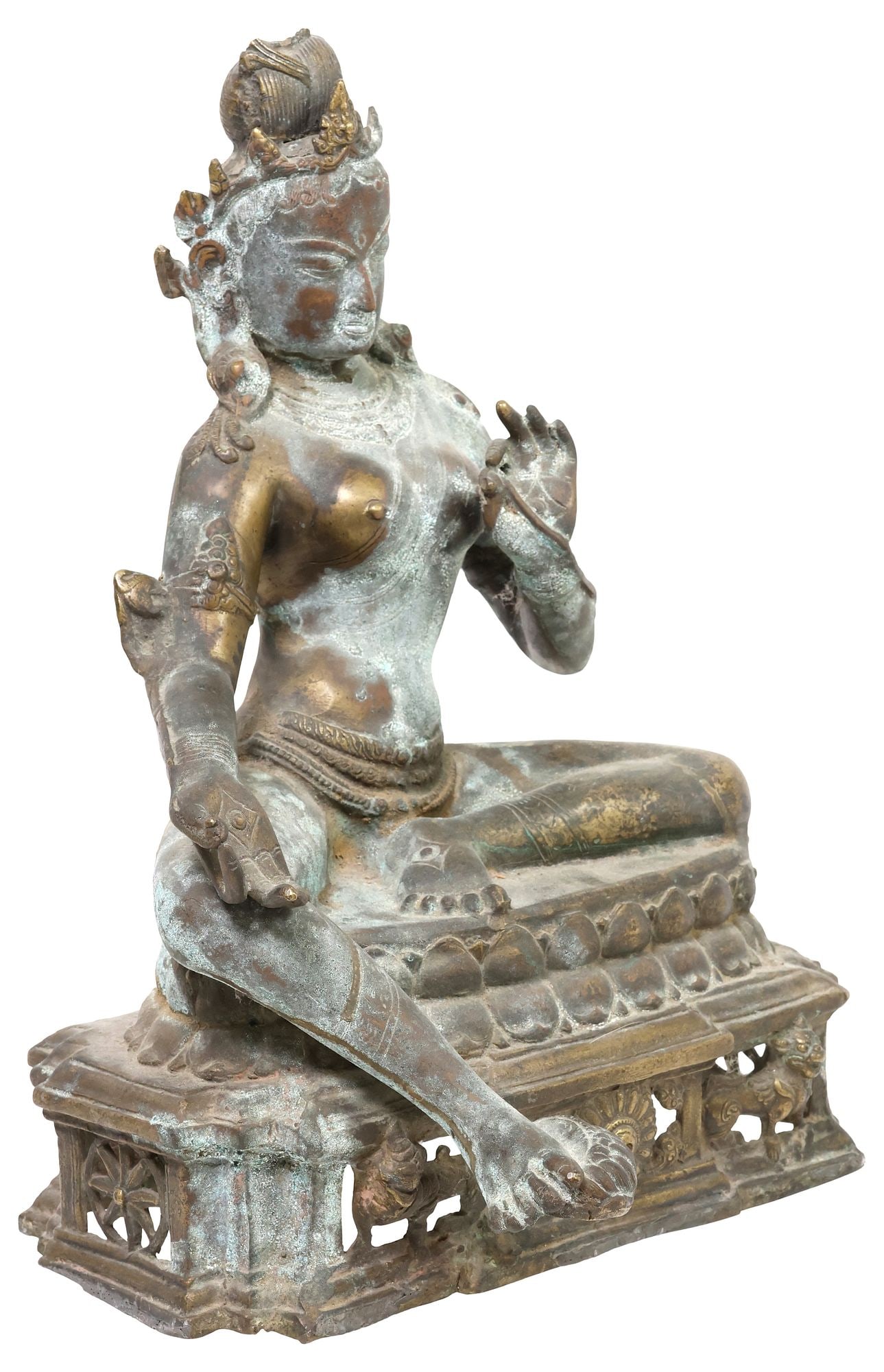 SINO-TIBETAN ANTIQUE BRONZE / COPPER ALLOY SCULPTURE OF A SEATED GREEN TARA (1 of 5)
