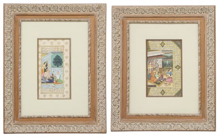 (2) MUGHAL SCHOOL MINIATURE PAINTINGS, COUPLE'S EMBRACE & AKBAR, INDIA