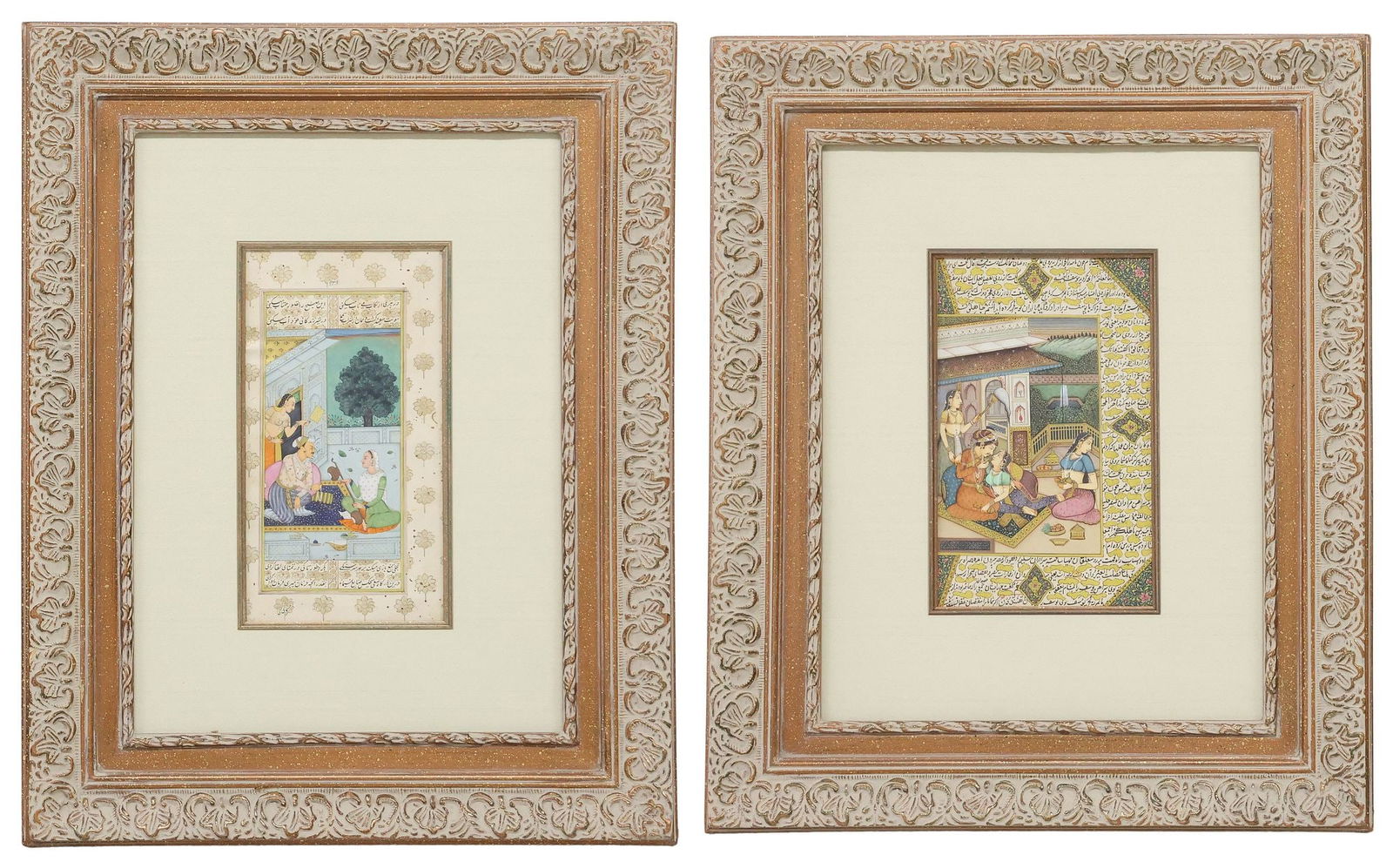 (2) MUGHAL SCHOOL MINIATURE PAINTINGS, COUPLE'S EMBRACE & AKBAR, INDIA (1 of 4)