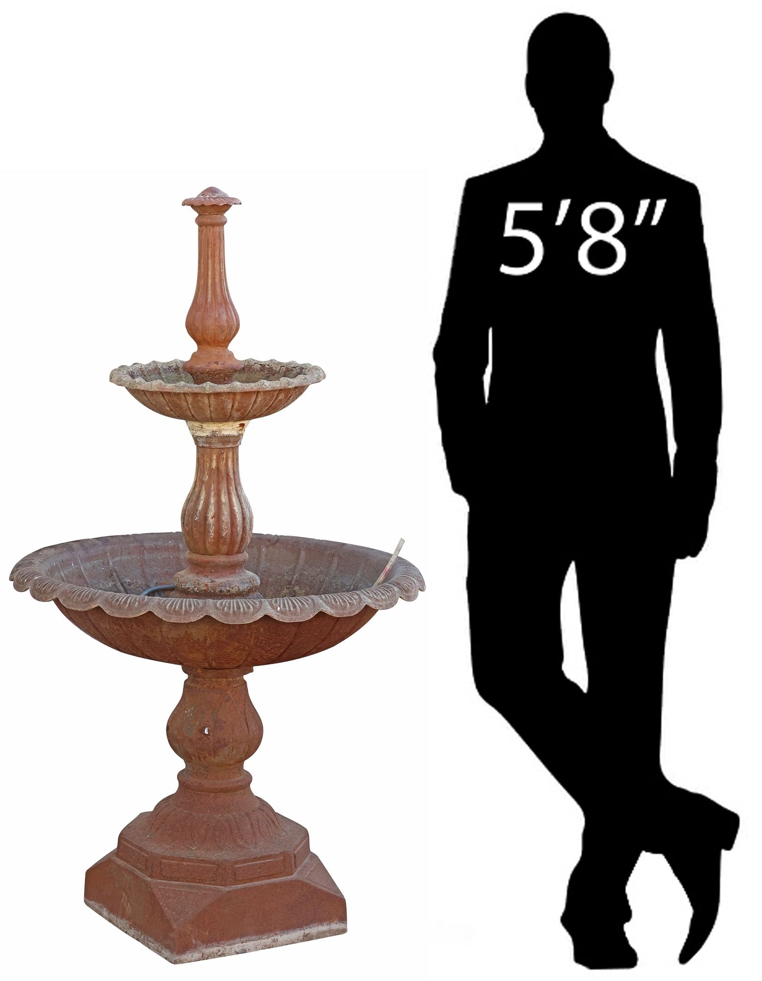 LARGE CAST IRON 2-TIER SCALLOPED GARDEN FOUNTAIN, 58"H: Cast iron garden fountain, having two tiers, fluted vasiform top, over graduated scalloped bowls, rising on columnar standard, ending on square plinth base, approx 58"h, 32.5"diam **Provenance: the co