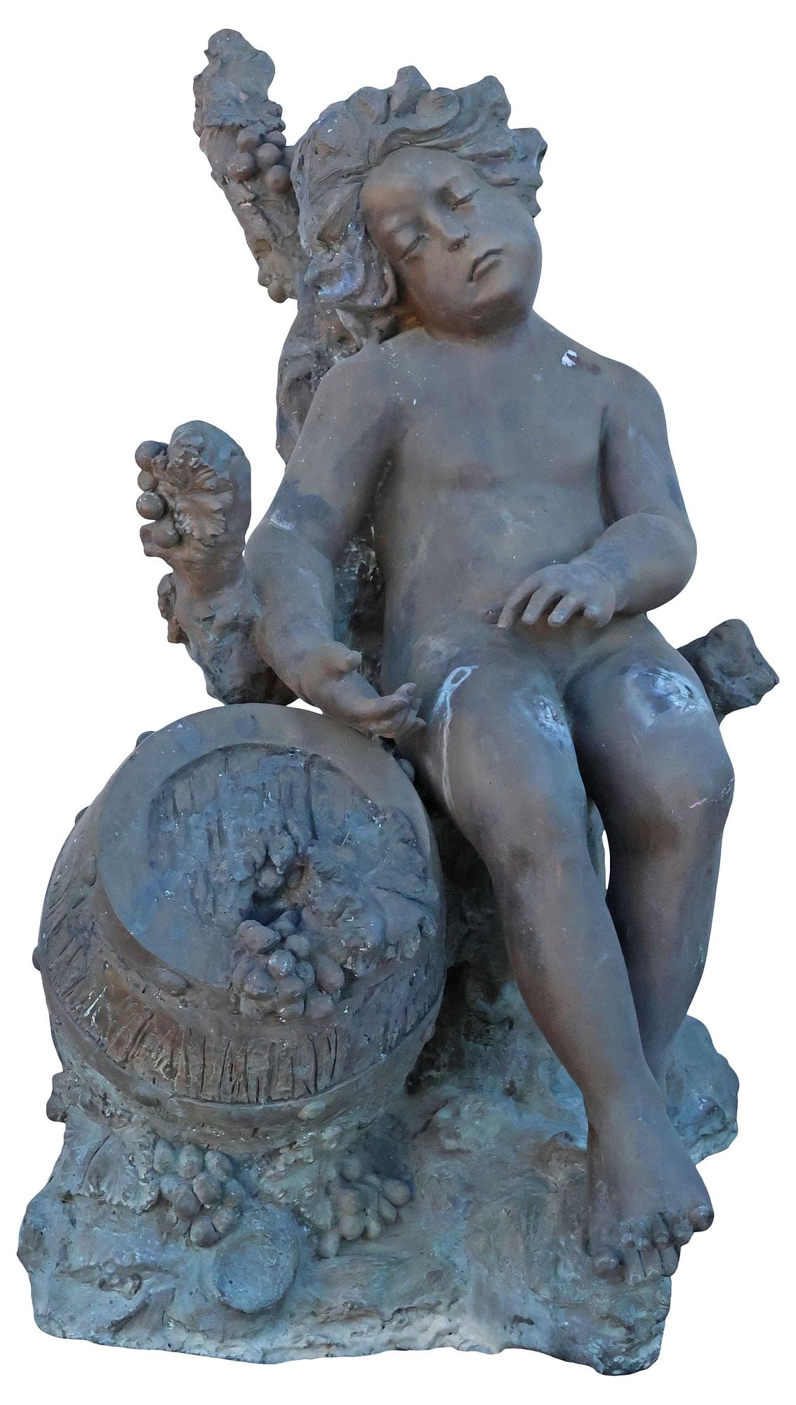 PATINATED BRONZE GARDEN SCULPTURE, BACCHANALIAN PUTTO, 36"H (1 of 4)