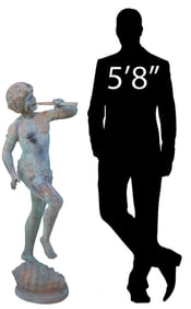 VERDIGRIS BRONZE FIGURAL GARDEN FOUNTAIN, PAN WITH FLUTE, 54"H