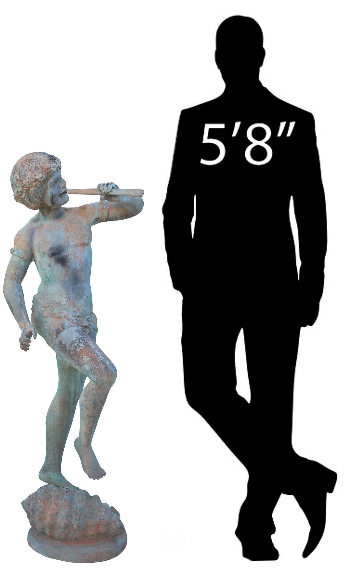 VERDIGRIS BRONZE FIGURAL GARDEN FOUNTAIN, PAN WITH FLUTE, 54"H (1 of 5)