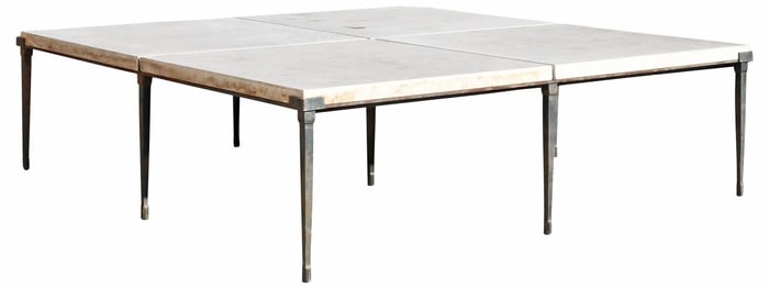 OVERSIZED HOLLY HUNT (ATTRIB.) 'RUE DE SEINE' STONE-TOP IRON COFFEE TABLE