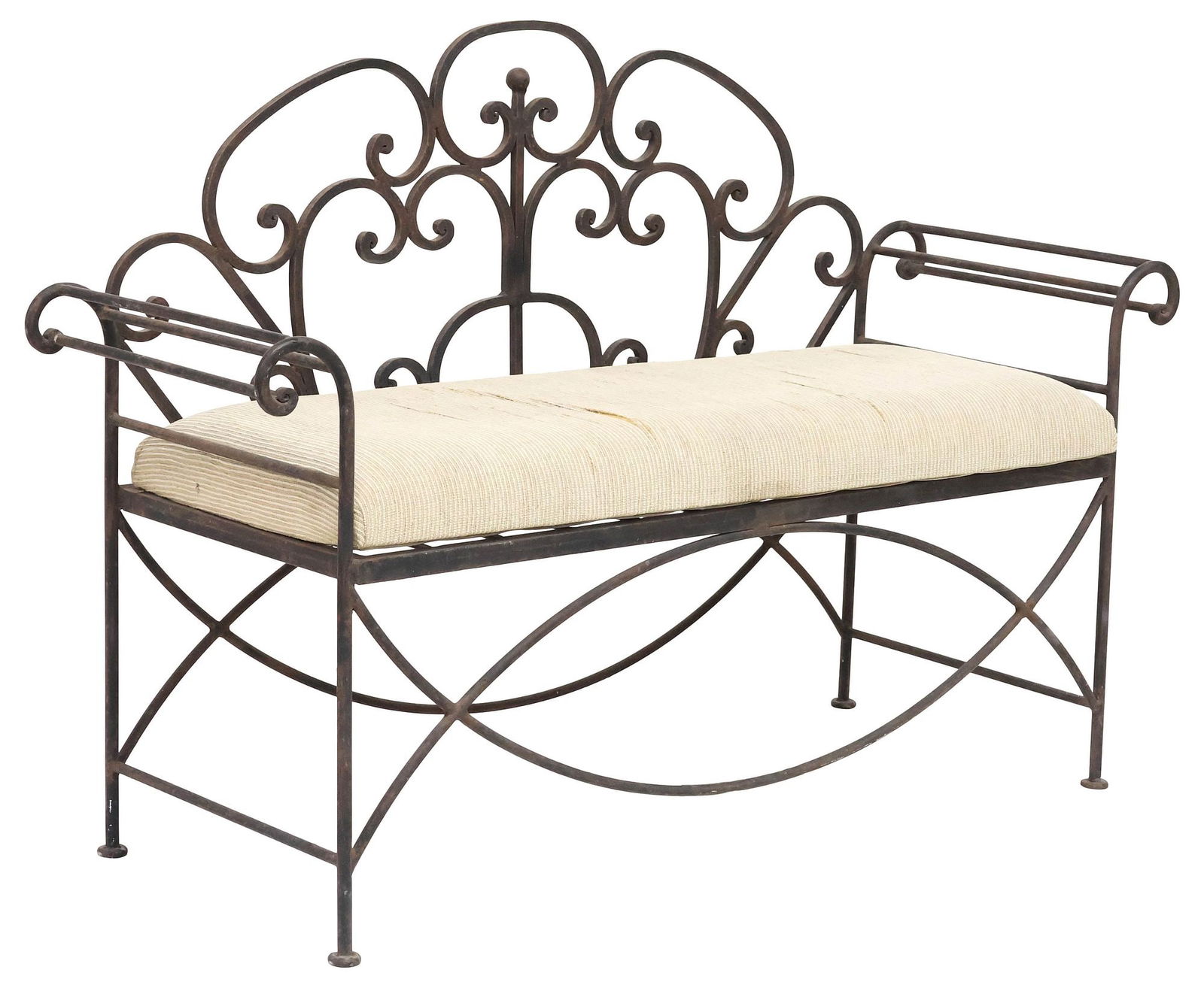 SCROLLED WROUGHT IRON GARDEN BENCH W/ CUSHION (1 of 5)