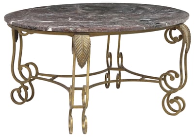 NEOCLASSICAL STYLE MARBLE-TOP SCROLLED WROUGHT IRON COFFEE TABLE