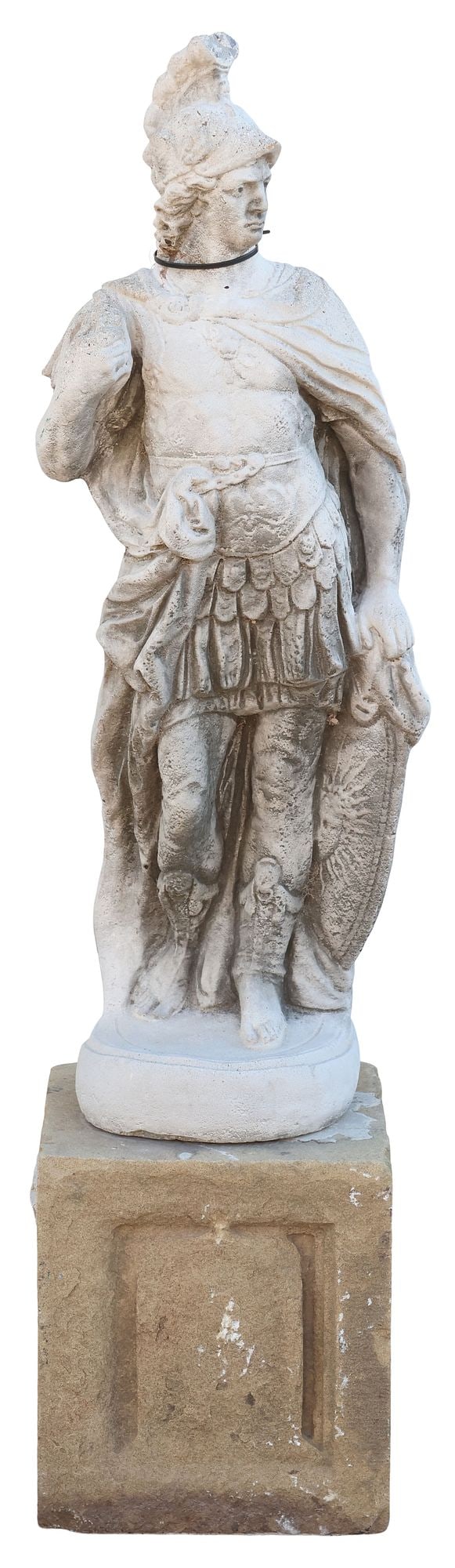CAST STONE GARDEN STATUE ON PLINTH, ROMAN CENTURION, 34"H (1 of 4)