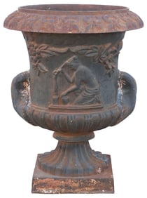 CAST IRON CAMPANA FORM GARDEN URN, 24.5"H