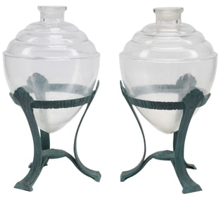 (2) ART DECO STYLE COLORLESS GLASS APOTHECARY JARS ON METAL STAND