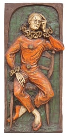 JUAN SEGURA MID-CENTURY PAINTED BAS RELIEF OF A CLOWN, 52.5" X 24"