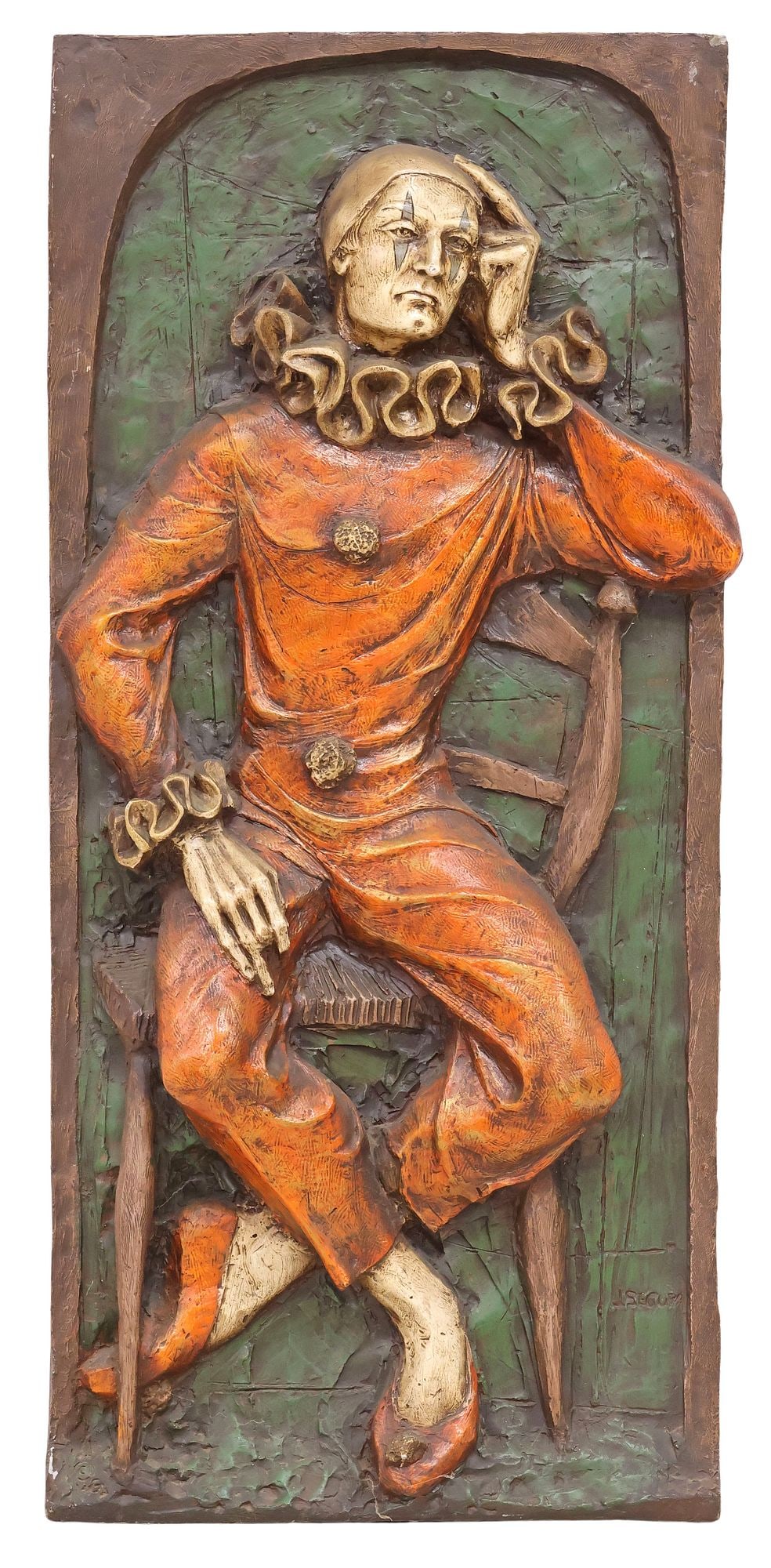 JUAN SEGURA MID-CENTURY PAINTED BAS RELIEF OF A CLOWN, 52.5" X 24" (1 of 6)