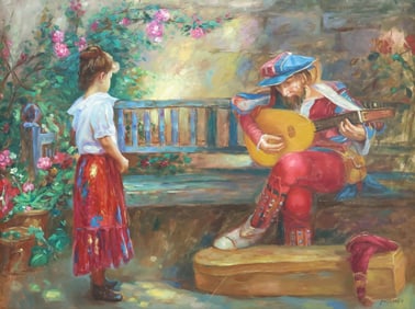 AFTER CAO YONG EMBELLISHED CANVAS PRINT, GIRL WITH MUSICIAN
