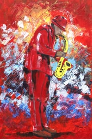 L. MAGDA (20TH C.) ABSTRACT JAZZ PAINTING, SAXOPHONE PLAYER, 36" X 24"