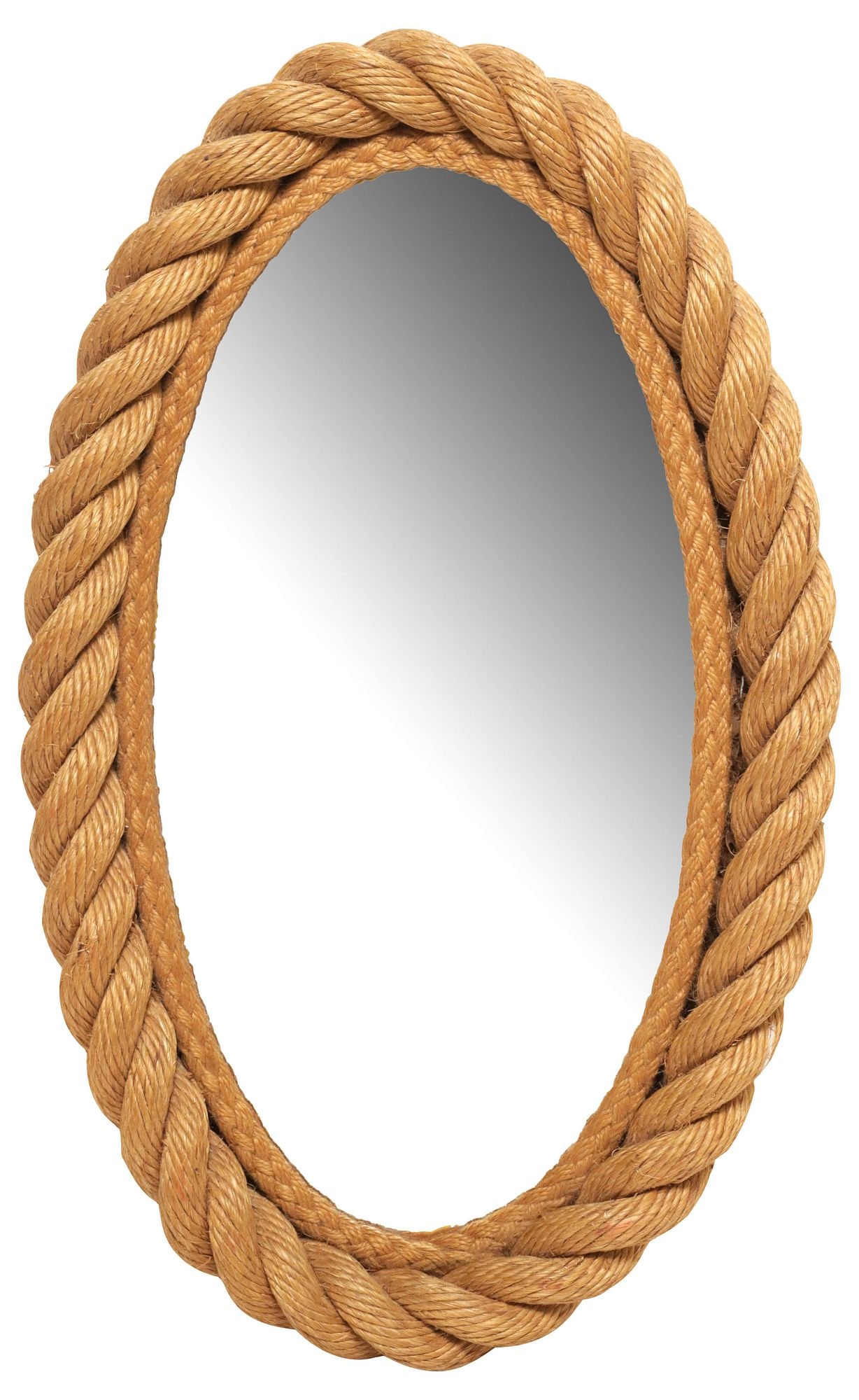 FRENCH AUDOUX-MINNET (ATTRIB.) MODERNIST ROPE FRAME MIRROR: French Modernist mirror, attributed to Audoux and Minnet (Adrien Audoux and Frida Minnet), c.1950s, having twisted rope frame, enclosing ovular mirror plate, approx 16.5"h, 10"w, 2.5lbs